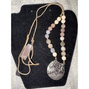 J joll boho floral stamped silver pendant and beaded necklace new